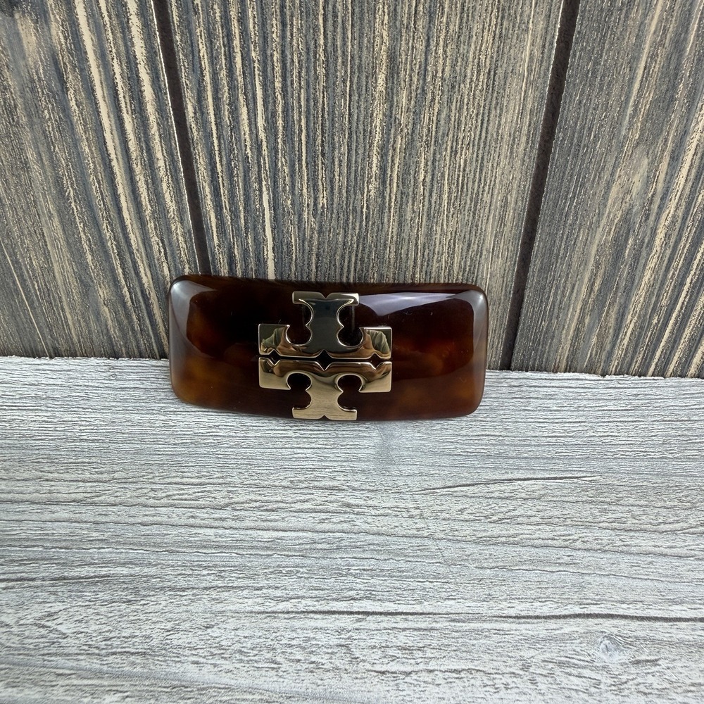 Tory Burch Kira Small Barrette Brown Tortoiseshell Gold Double T Logo Hair Clip